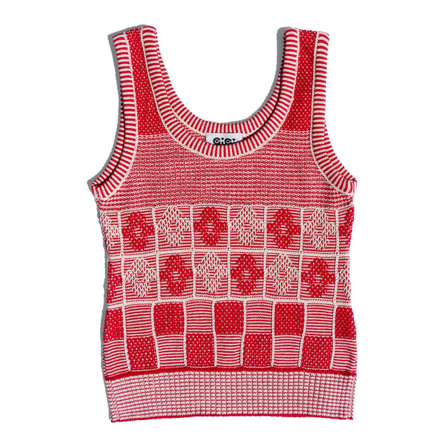 Lila Flower Check Tank Top - Red and Natural