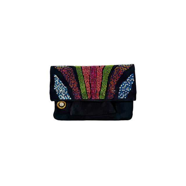 Bienen Davis Fold Over Clutch - Black Suede and Crystal Zebra
