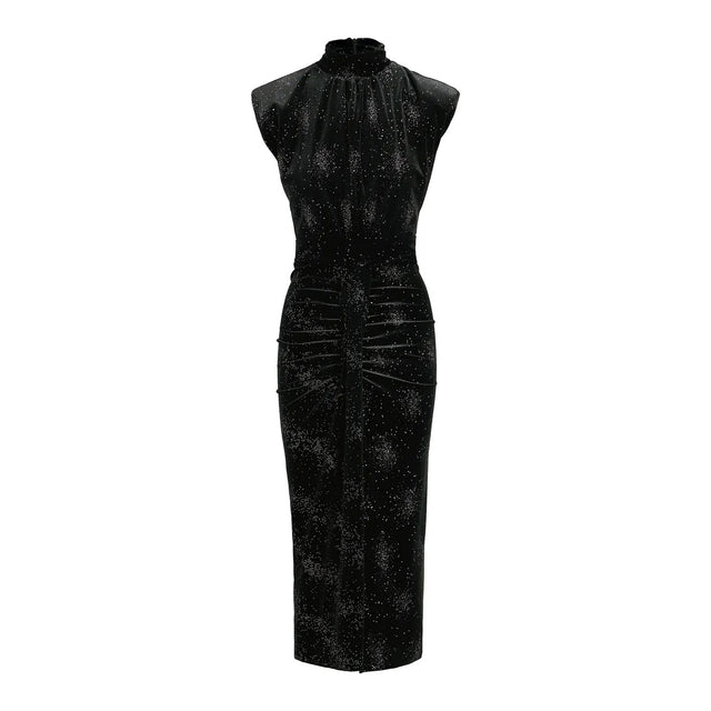 Black Stretch-Velvet Midi-Length Dress