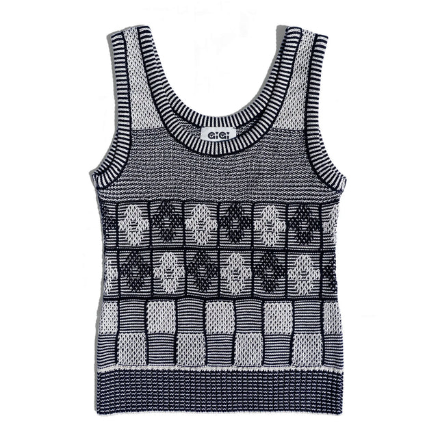 Lila Flower Check Tank Top - Navy and Ivory
